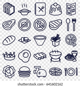 Meal icons set. set of 25 meal outline icons such as beef, sausage, cabbage, bread, burger, chicken leg, noodles fast food, bread slices, pizza, soda and burger, pie