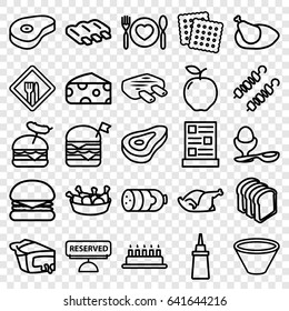 Meal icons set. set of 25 meal outline icons such as beef, sausage, apple, cheese, cookies, ketchup, chicken leg, bread slices, double burger with flag, burger with sausage