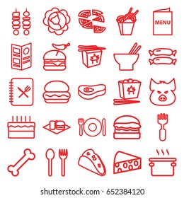Meal icons set. set of 25 meal outline icons such as plate fork and spoon, pig, sausage, cabbage, taco, chinese fast food, pizza, asian food, burger with pepper