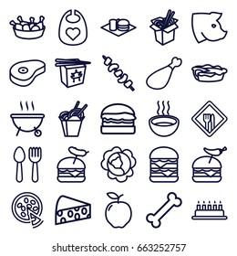 Meal icons set. set of 25 meal outline icons such as spoon and fork, pig, apple, cabbage, baby bid, chinese fast food, chicken leg, noodles fast food, burger with pepper