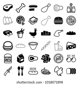 Meal icons. set of 36 editable filled and outline meal icons such as take away food, beef, pizza, meat, cheese, turkey, chinese fast food, sandwich, double burger