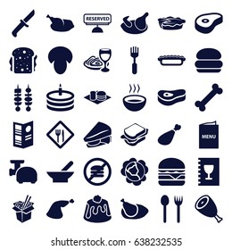 Meal icons set. set of 36 meal filled icons such as bowl, chicken, mushroom, beef, cabbage, sandwich, noodles fast food, cheeseburger, soda and burger, pie