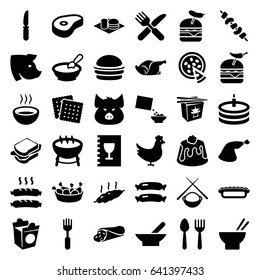 Meal icons set. set of 36 meal filled icons such as bowl, chicken, sausage, pig, spoon and fork, porridge, cookies, wrap sandwich, burger, chinese fast food, asian food