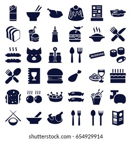 Meal icons set. set of 36 meal filled icons such as bowl, chicken, sausage, pig, spoon and fork, ketchup, chinese fast food, asian food, chicken leg, bread slices