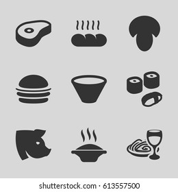 Meal icons set. set of 9 meal filled icons such as mushroom, pig, burger, pasta and wine glass, beef, bread, bowl, sushi