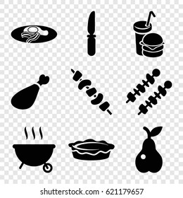 Meal icons set. set of 9 meal filled icons such as pie, kebab, meat leg, burger and drink, fried egg and bacon, knife, pear