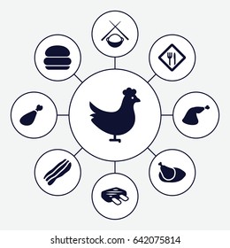 Meal icons set. set of 9 meal filled icons such as chicken, meat leg, restaurant, bacon, meat, asian food