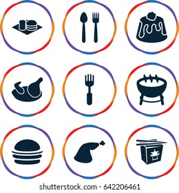 Meal icons set. set of 9 meal filled icons such as chicken, burger, chinese fast food, soda and burger, pie, meat leg, fork, barbecue