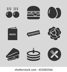 Meal icons set. set of 9 meal filled icons such as egg, cabbage, sandwich, cheeseburger, spoon and fork, cake, menu, reserved