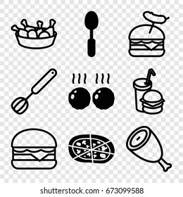 Meal icons set. set of 9 meal filled and outline icons such as pizza, spoon, meat, beef, chicken leg, burger with sausage, cheeseburger, burger and drink