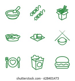Meal icons set. set of 9 meal outline icons such as porridge, noodles fast food, soda and burger, pie, take away food, plate with spoon and fork, kebab, asian food