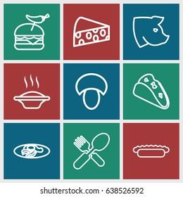 Meal icons set. set of 9 meal outline icons such as pig, mushroom, taco, burger with pepper, fried egg and bacon, fork and spoon, pie, cheese