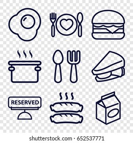 Meal icons set. set of 9 meal outline icons such as fork and spoon, sandwich, cheeseburger, take away food, plate with spoon and fork, sausage, reserved, egg