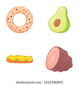 Meal icons set cartoon vector. Piece of meat, avocado, sandwich and donut. Nutrition concept