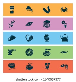 Meal icons set with cheese slice, olive branch, rice bowl and other cheeseburger elements. Isolated vector illustration meal icons.