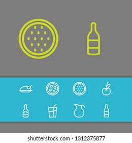 Meal icons set with chicken, organic drink and watermelon elements. Set of meal icons and alcohol concept. Editable vector elements for logo app UI design.