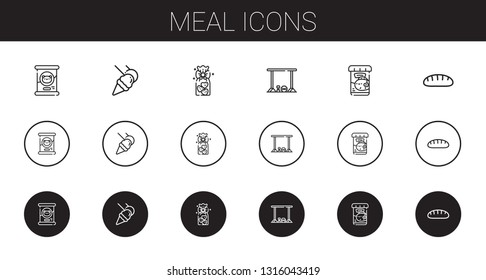 meal icons set. Collection of meal with cat food, food and restaurant, cookies, bar, fish food, bread. Editable and scalable meal icons.
