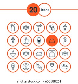 Meal Icons Set. Collection Of Check In, Stick Batbecue, Cutlery And Other Elements. Also Includes Symbols Such As Barbecue, Drink, Soup.