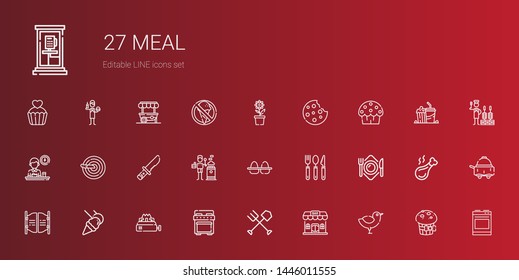meal icons set. Collection of meal with chicken, bar, fork, stove, food and restaurant, plate, cutlery, eggs, knife, breakfast, cup cake, cookie. Editable and scalable meal icons.