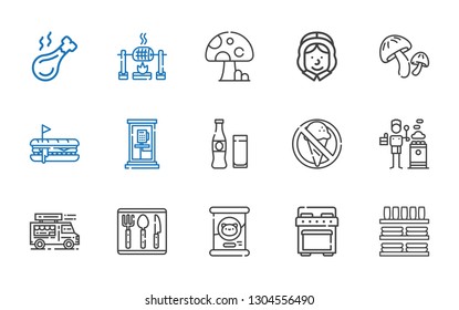 Meal Icons Set. Collection Of Meal With Dinnerware, Stove, Cat Food, Cutlery, Food Truck, No Food, Beverage, Phone Box, Hot Dog, Mushroom, Pilgrim. Editable And Scalable Meal Icons.