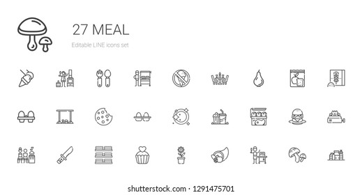 meal icons set. Collection of meal with food and restaurant, cornucopia, pot, cupcake, dishes, knife, mixed, meat, popcorn, plate, eggs, cookie. Editable and scalable meal icons.