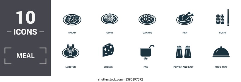 Meal icons set collection. Includes simple elements such as Salad, Corn, Canape, Hen, Sushi, Cheese and Pan premium icons