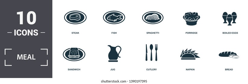 Meal icons set collection. Includes simple elements such as Steak, Fish, Spaghetti, Porridge, Boiled Eggs, Jug and Cutlery premium icons