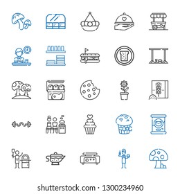 meal icons set. Collection of meal with mushroom, burguer, crepe maker, sauce, pizza, cat food, muffin, cupcake, mixed, bars, wheat flour, pot. Editable and scalable meal icons.