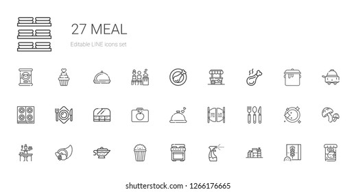 meal icons set. Collection of meal with proteins, tools and utensils, stove, popcorn, sauce, cornucopia, cutlery, bar, dinner, lunchbox, food and restaurant. Editable and scalable meal icons.