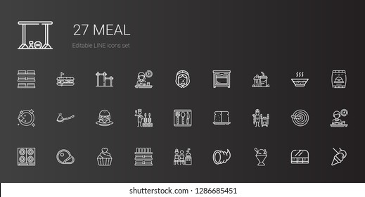 meal icons set. Collection of meal with sorbet, cornucopia, mixed, dinnerware, cupcake, steaks, stove, tandoor, bread, cutlery, churrasco, burger. Editable and scalable meal icons.