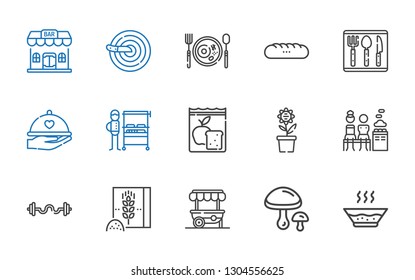 meal icons set. Collection of meal with soup, mushrooms, food stand, wheat flour, bars, mixed, pot, burning grill, dinner, cutlery, baguettes. Editable and scalable meal icons.