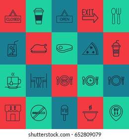 Meal Icons Set. Collection Of Steak, Cutlery, Food Mapping And Other Elements. Also Includes Symbols Such As Smoking, Hot, Soda.