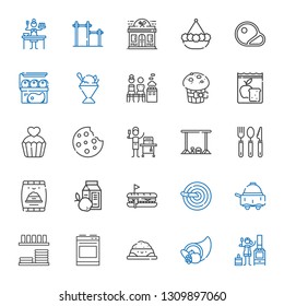 meal icons set. Collection of meal with stove, cornucopia, pet food, oven, dinnerware, room service, knife, hot dog, breakfast, cutlery, bar. Editable and scalable meal icons.