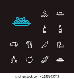 Meal icons set. Garlic and meal icons with soda, sauce and fast food. Set of cooked for web app logo UI design.