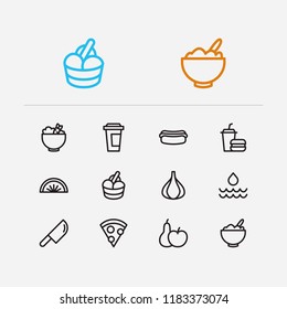 Meal icons set. Healthy food and meal icons with fruit, pizza and hot dog. Set of beverage for web app logo UI design.