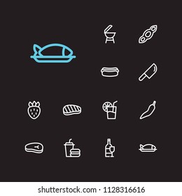 Meal icons set. Juice and meal icons with cutlery, berry and seafood. Set of wine for web app logo UI design.