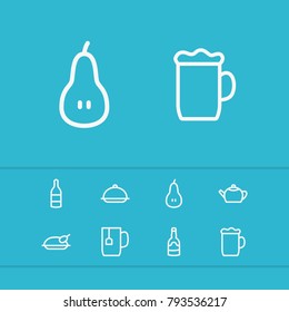 Meal icons set with soda, wine bottle and meal elements. Set of meal icons and water concept. Editable vector elements for logo app UI design.