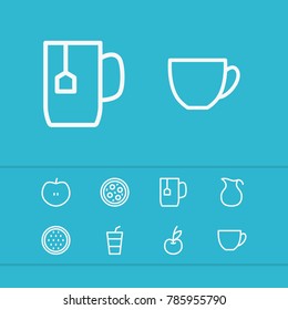 Meal icons set with tea cup, milk and apple elements. Set of meal icons and tea cup concept. Editable vector elements for logo app UI design.