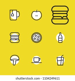 Meal icons set with tea mug, saucer and apple elements. Set of meal icons and juice concept. Editable vector elements for logo app UI design.