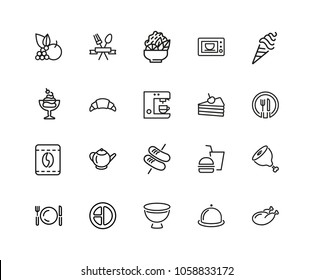 Meal icons. Set of twenty line icons. Restaurant, coffee shop, bakery. Food service concept. Vector illustration can be used for topics like food, lunch, cafe.