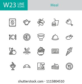 Meal icons. Set of twenty line icons. Restaurant, coffee shop, bakery. Food service concept. Vector illustration can be used for topics like food, lunch, cafe.