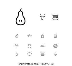 Meal icons set with wine bottle, pizza and mushroom elements. Set of meal icons and berry concept. Editable vector elements for logo app UI design.