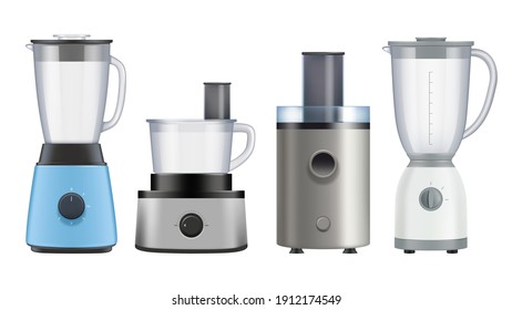 Meal juicer. Kitchen appliances for preparing healthy liquid food juice blender and mixers decent vector illustrations realistic