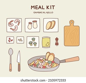 Meal kit for home cooking. Packaging of cooking ingredients and frying pan with food. flat design style vector illustration.