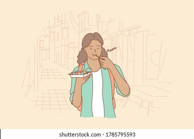 Meal, leisure time, travelling, tourism concept. Young happy woman girl tourist backpacker character eating japanese china street food dango balls. Testing exotic delicacy asian cuisine illustration.