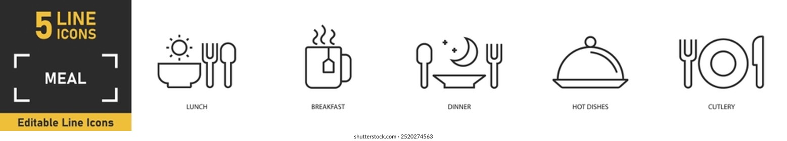 Conjunto de ícones da linha de refeições. Conjunto de 5 ícones de esboço relacionados com almoço, café da manhã, jantar, pratos quentes, talheres e muito mais. Ilustração vetorial.