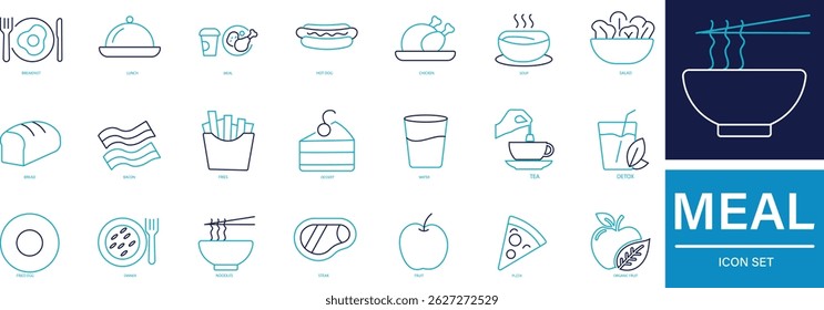 meal line icon set , food, breakfast, lunch, dinner, healthy food, fast food, plate, utensils, restaurant