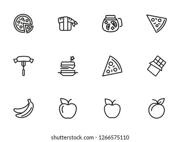 Meal line icon set. Set of line icons on white background. Food concept. Pizza, lemonade, banana. Vector illustration can be used for topics like supermarket, cooking