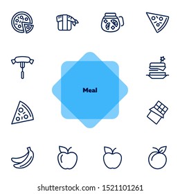 Meal line icon set. Set of line icons on white background. Food concept. Pizza, lemonade, banana. Vector illustration can be used for topics like supermarket, cooking