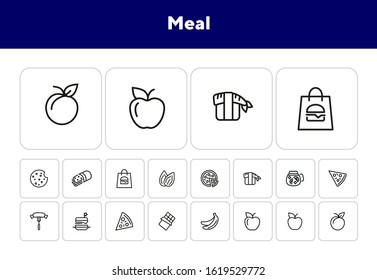 Meal line icon set. Set of line icons on white background. Food concept. Pizza, lemonade, banana. Vector illustration can be used for topics like supermarket, cooking